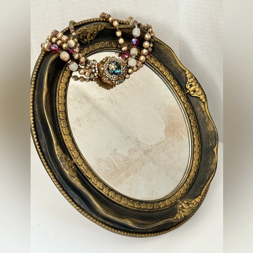 Gorgeous Vintage Mirror in Black & Burnished Gold with kick-stand on back